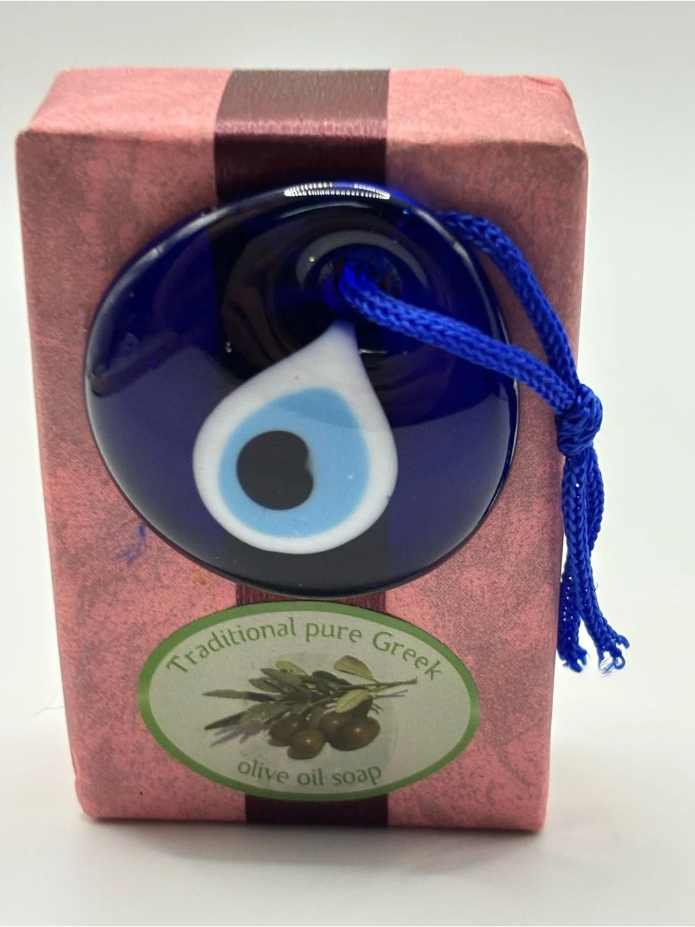 2Traditional Pure Greek Olive Oil Soap with Blue Turkish Evil Eye Charm Blue 2”